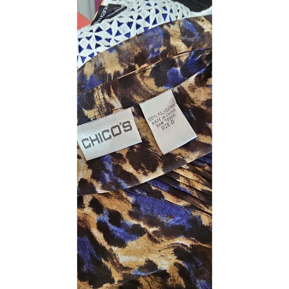 Chicos Pintuck Button Sheer Tunic Top Blue Brown Animal Print Balloon Sleeve 0 S - Picture 4 of 4